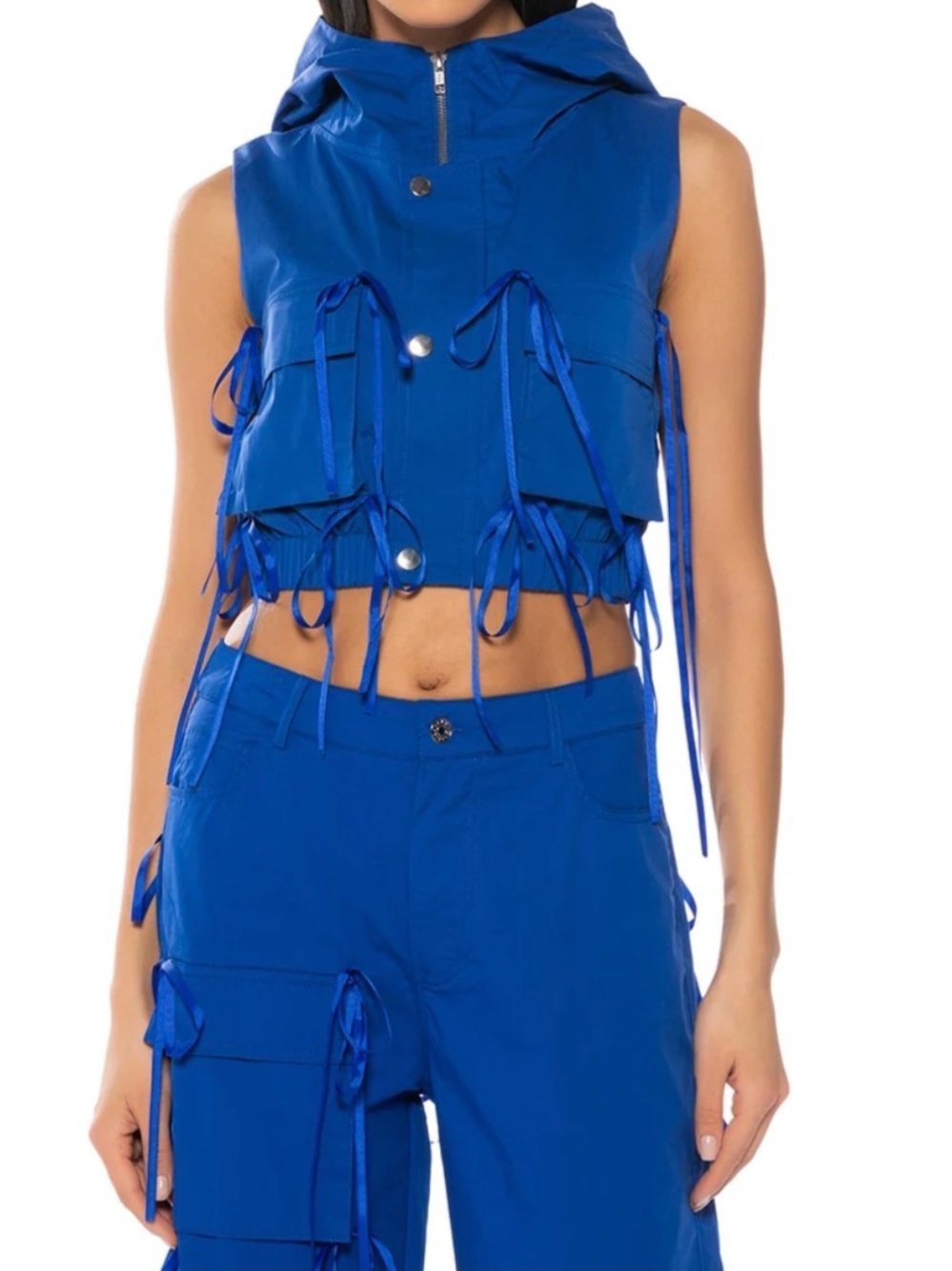 AKIRA Electric Blue Hooded Cropped Vest with Utility Ties